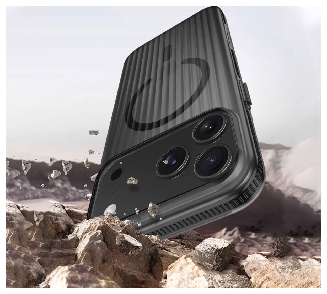 Black rugged smartphone with triple rear cameras crashing through rocky terrain amid flying debris.