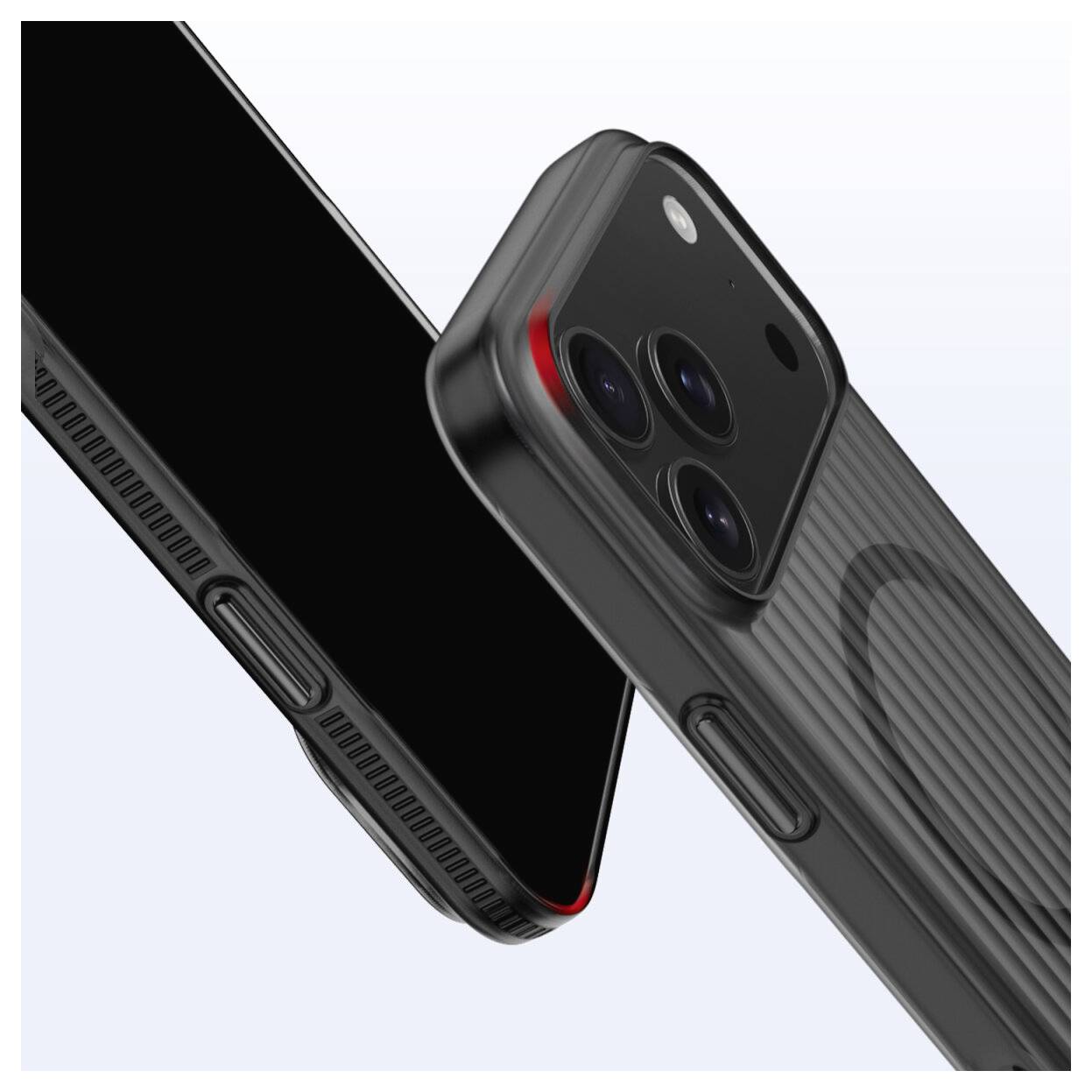 Two black smartphones shown diagonally, one front screen and one rear with triple camera, both in textured protective cases.