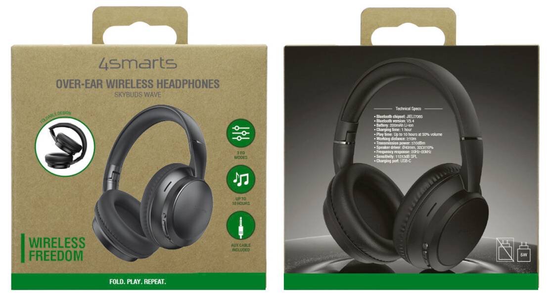 Retail packaging for 4smarts over-ear wireless headphones, showing the headset and product features like wireless freedom and fold, play, repeat.