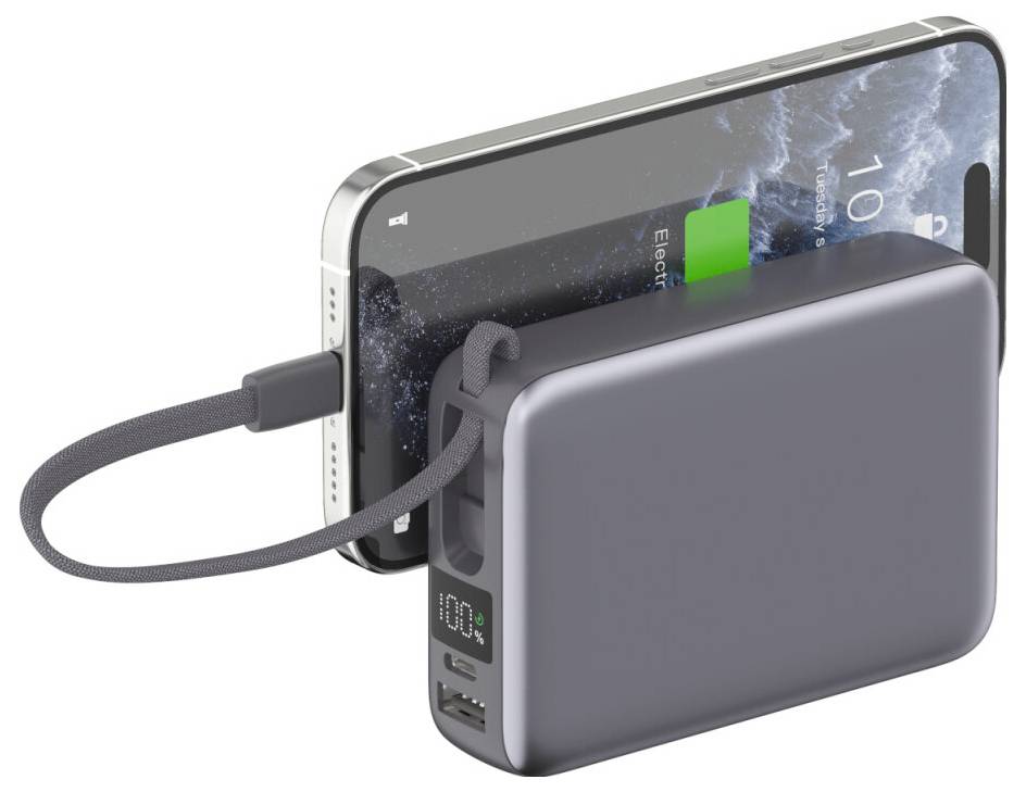 Portable power bank charging a smartphone via cable, with built-in USB ports and battery indicator lights.