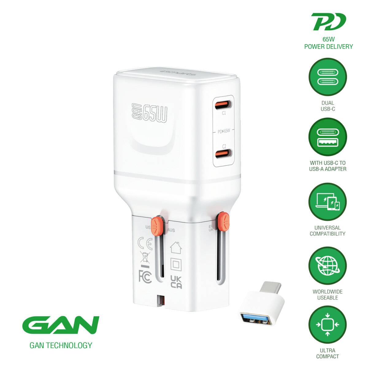 White 65W GAN USB-C wall charger with two USB-C ports and folding prongs, shown with a USB-C adapter; feature icons list dual USB-C, universal compatibility, worldwide use, ultra compact.