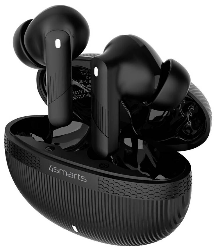 Black wireless earbuds in an open charging case, shown in a product-style image with the '4smarts' logo on the case.