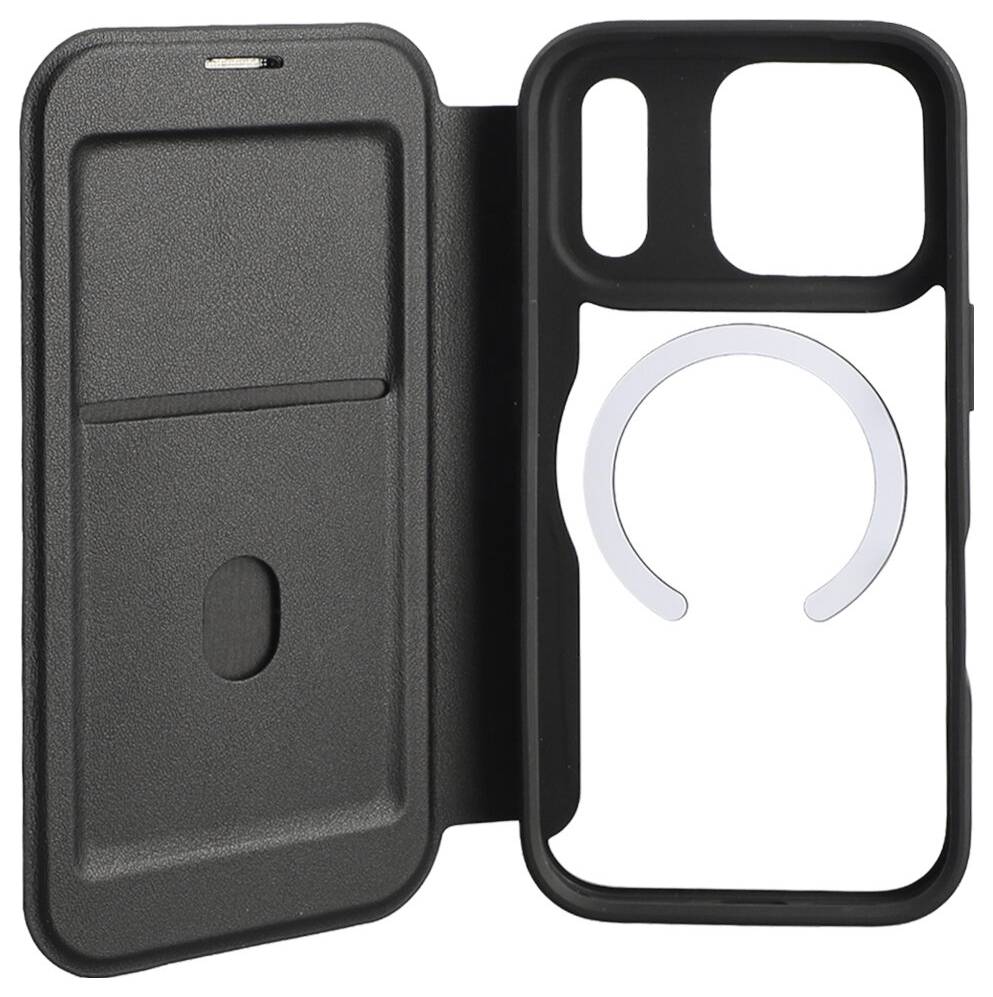 Open black smartphone folio case shown inside, with card pocket and camera cutouts, alongside a MagSafe-style ring insert.