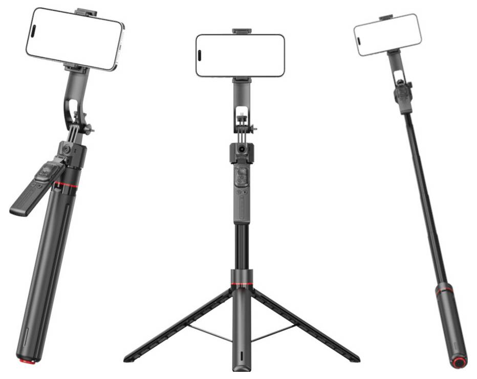 Adjustable tripod selfie stick holding a smartphone, shown in three positions: folded, open on tripod legs, and extended at an angle.