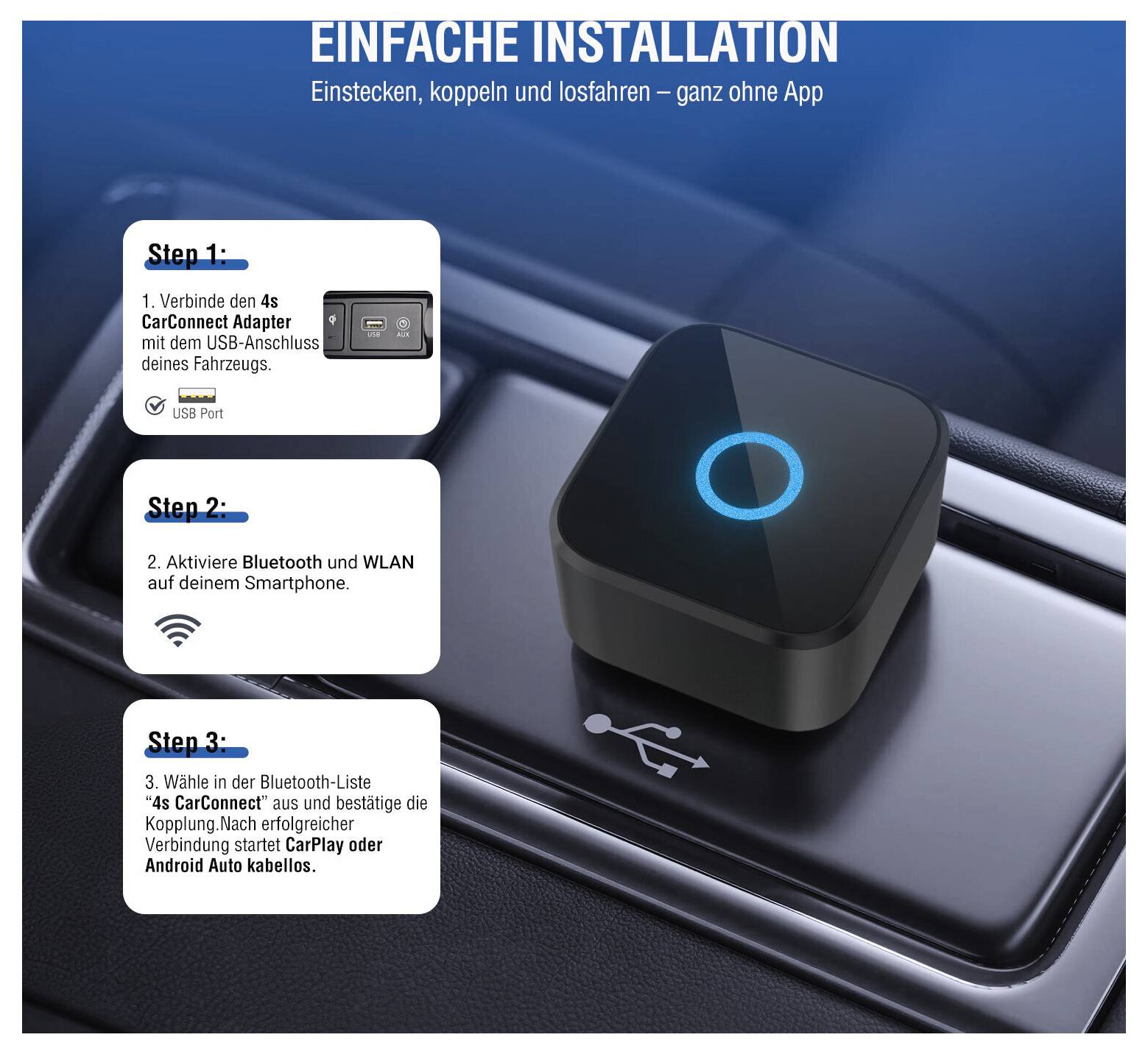 Graphic showing simple installation of a CarConnect adapter: plug into USB port, activate Bluetooth and Wi‑Fi, then select '4s CarConnect' to start CarPlay or Android Auto wirelessly.