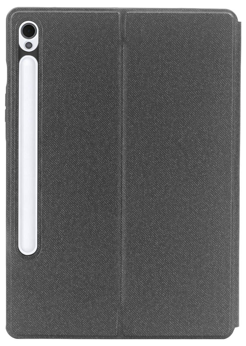 Dark gray textured tablet folio case shown closed, with camera cutout and vertical stylus holder on the back.