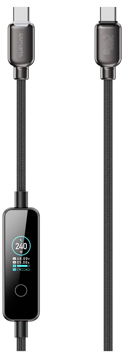 USB-C cable with an inline charging display showing 240W, current, voltage, and other power information on a black connector module.