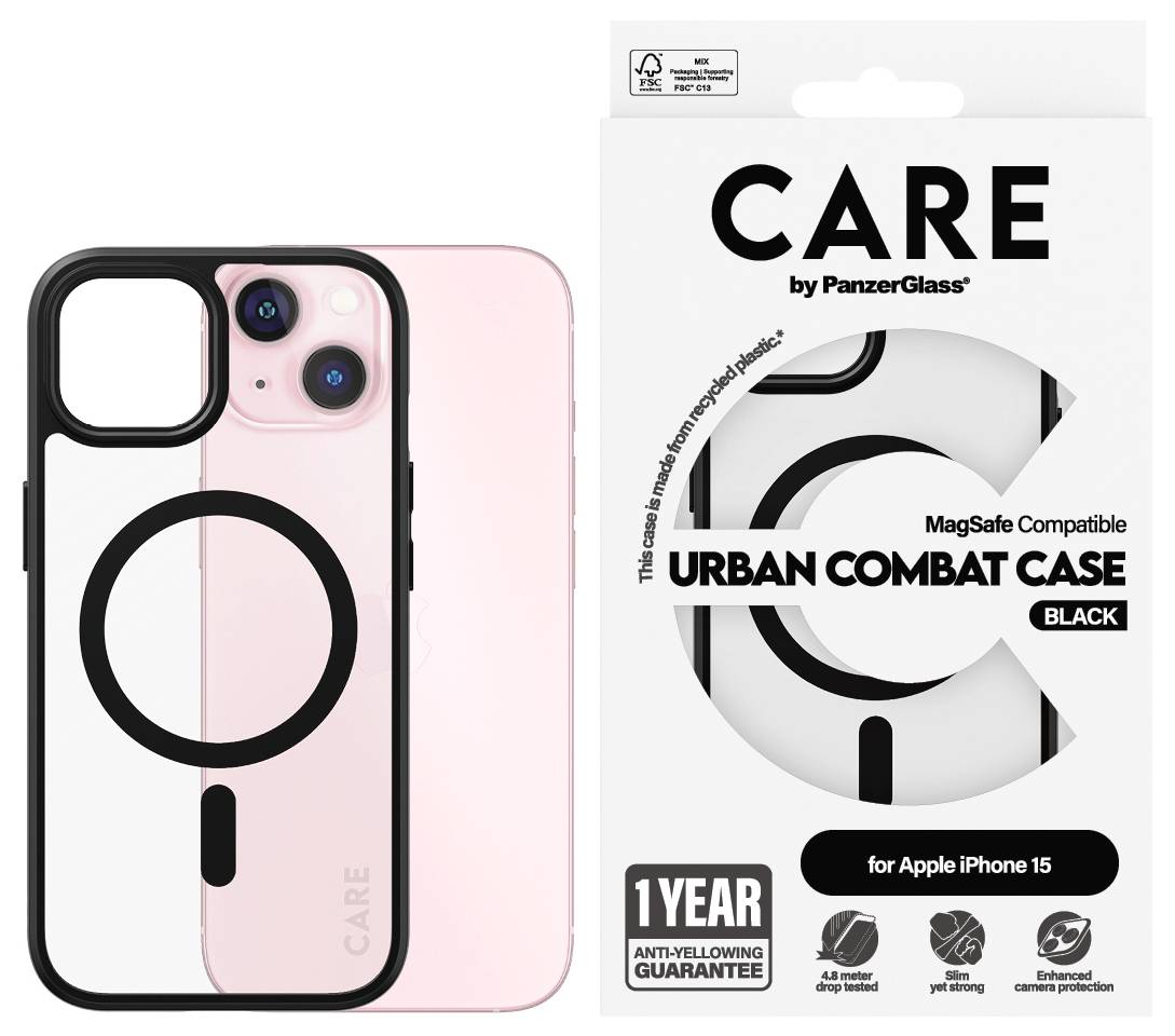 Product image of a black CARE by PanzerGlass MagSafe-compatible Urban Combat Case for Apple iPhone 15, shown on a pink phone and in packaging.