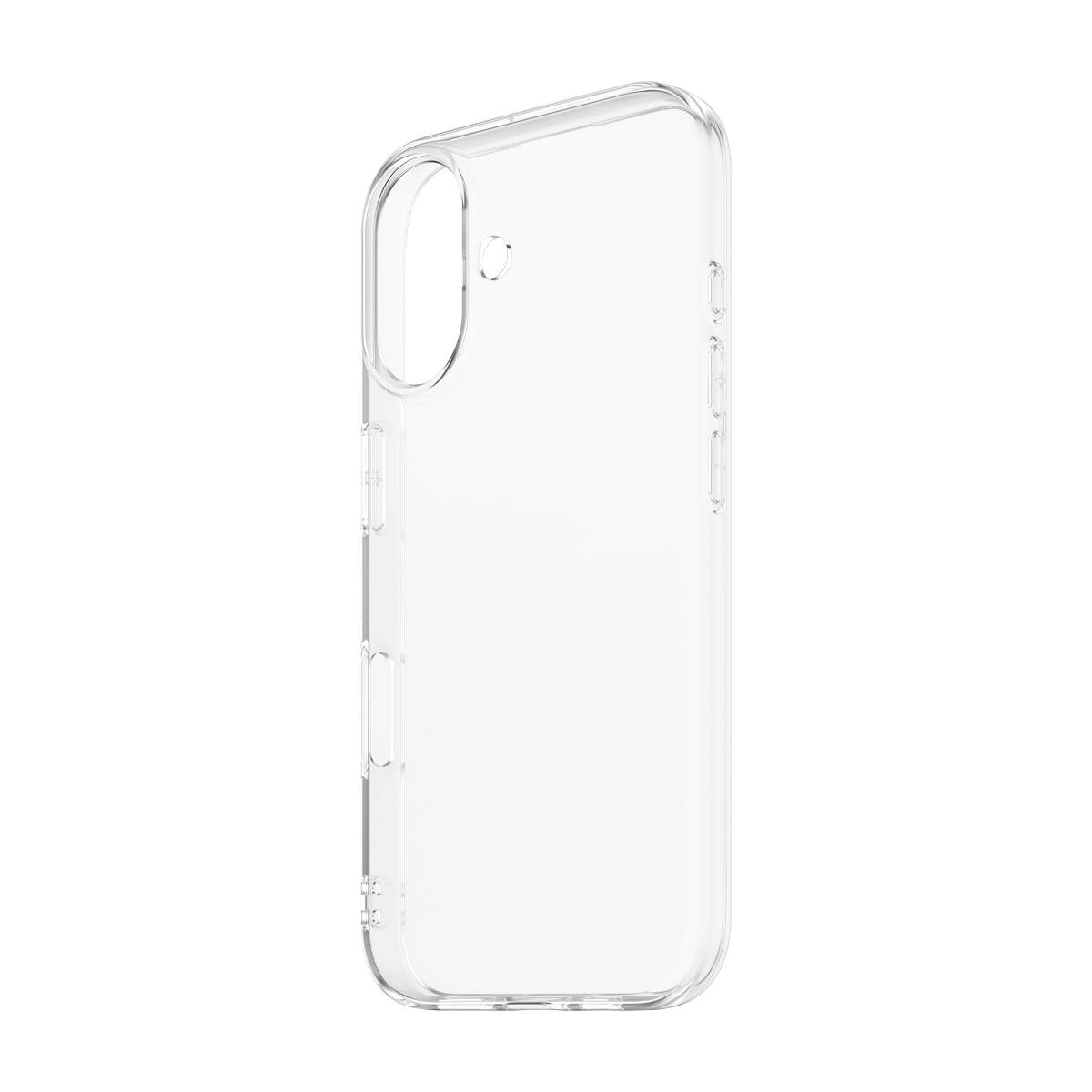 Clear transparent smartphone case with a dual camera cutout and side button covers, shown on a white background.