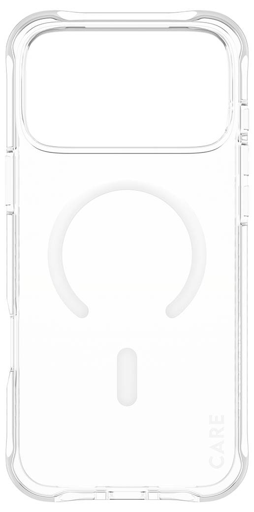 Clear phone case with raised MagSafe-style ring, centered opening for the Apple logo, and 'CAFE' printed vertically at the bottom right.