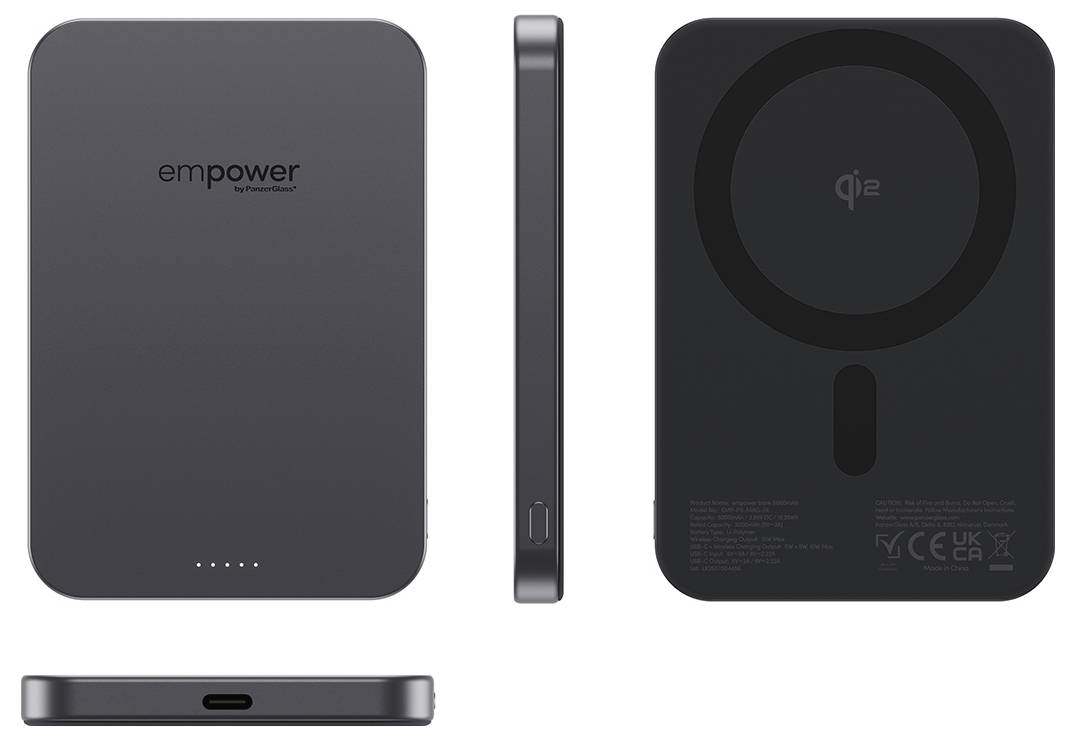 Three views of a dark gray 'empower' Qi wireless charging power bank, showing the front, side, back, and bottom USB-C port.