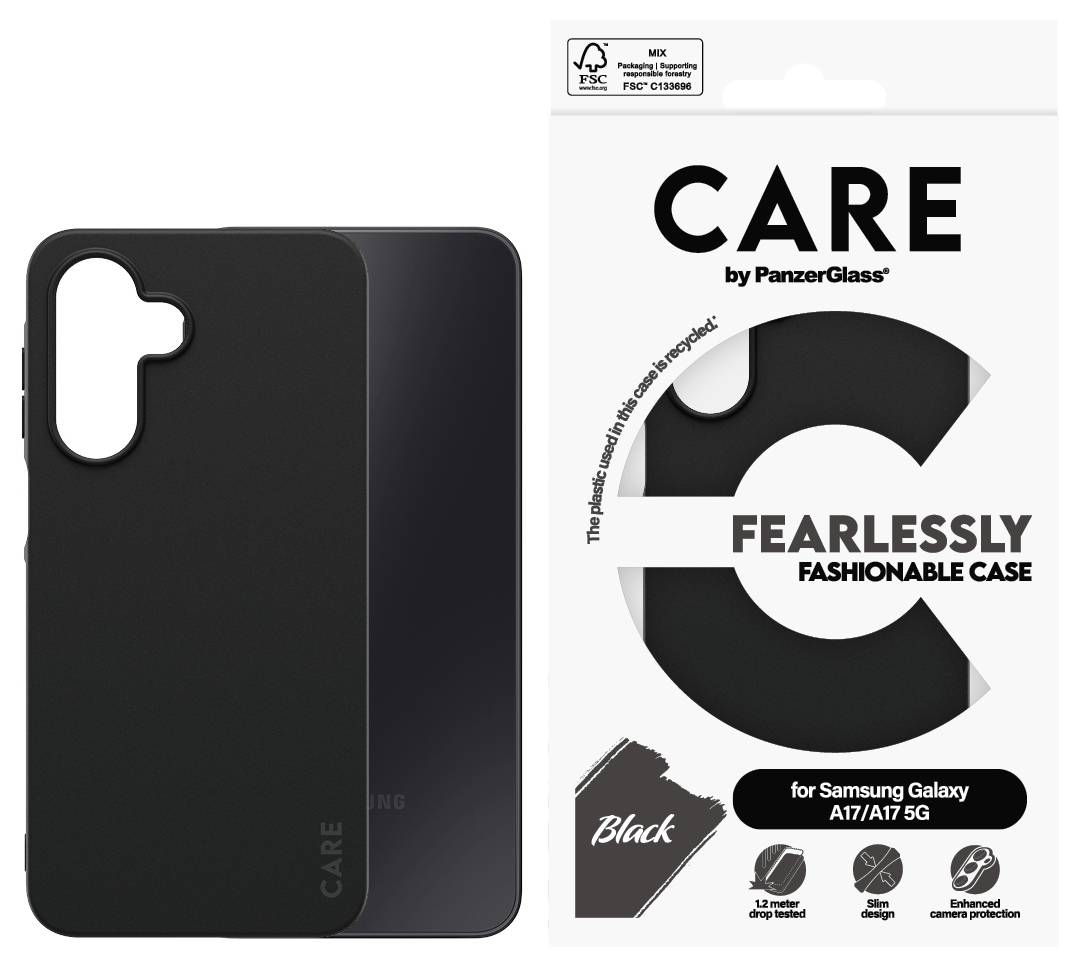 Black PanzerGlass CARE phone case for Samsung Galaxy A17/A17 5G shown beside its packaging, with 'Fearlessly fashionable case' text and protection icons.
