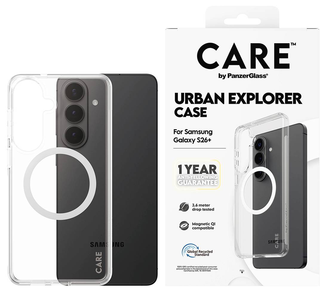 Packaging and phone case display for CARE by PanzerGlass Urban Explorer Case for Samsung Galaxy S26+, showing a clear magnetic case on a black phone with 1-year warranty and drop-tested claims.