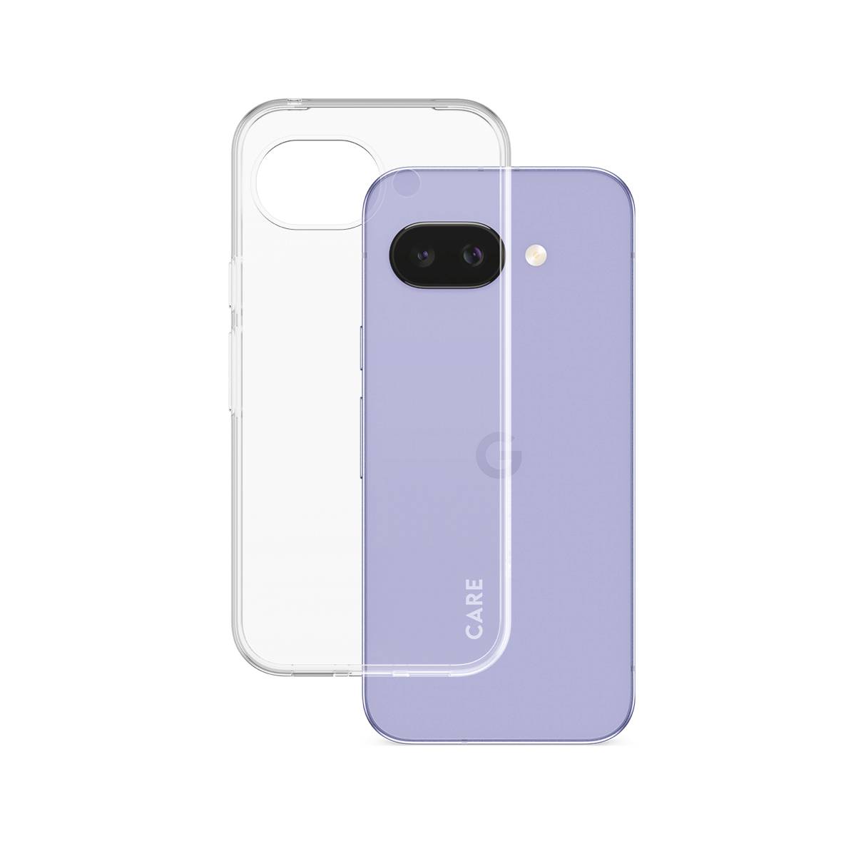 Two overlapping smartphone back cases, one clear and one light purple, shown on a white background to compare fit and camera cutouts.