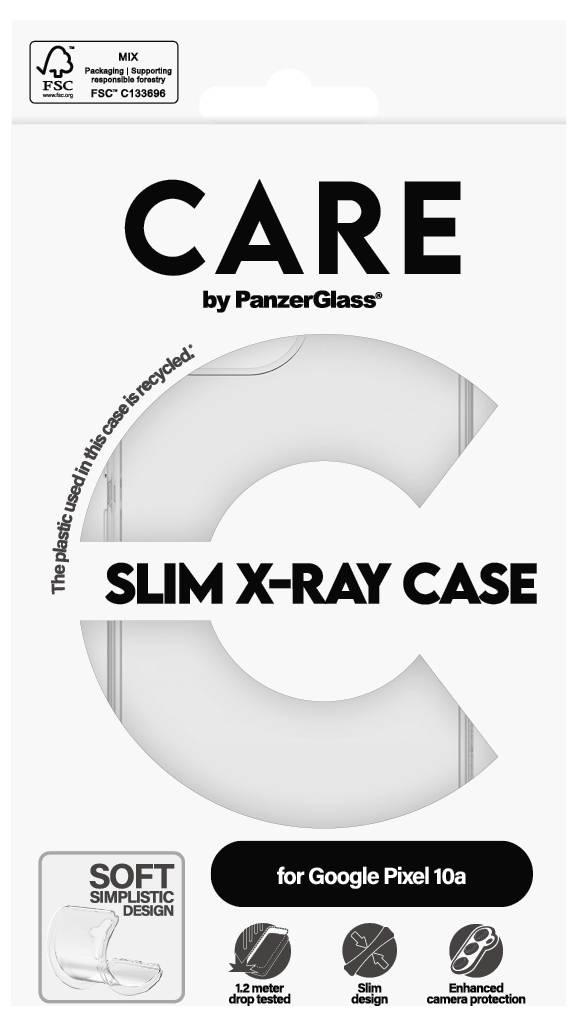 Product packaging for a 'CARE by PanzerGlass' slim x-ray case for Google Pixel 10a, highlighting recycled material, 1.2 meter drop protection, and soft slim design.