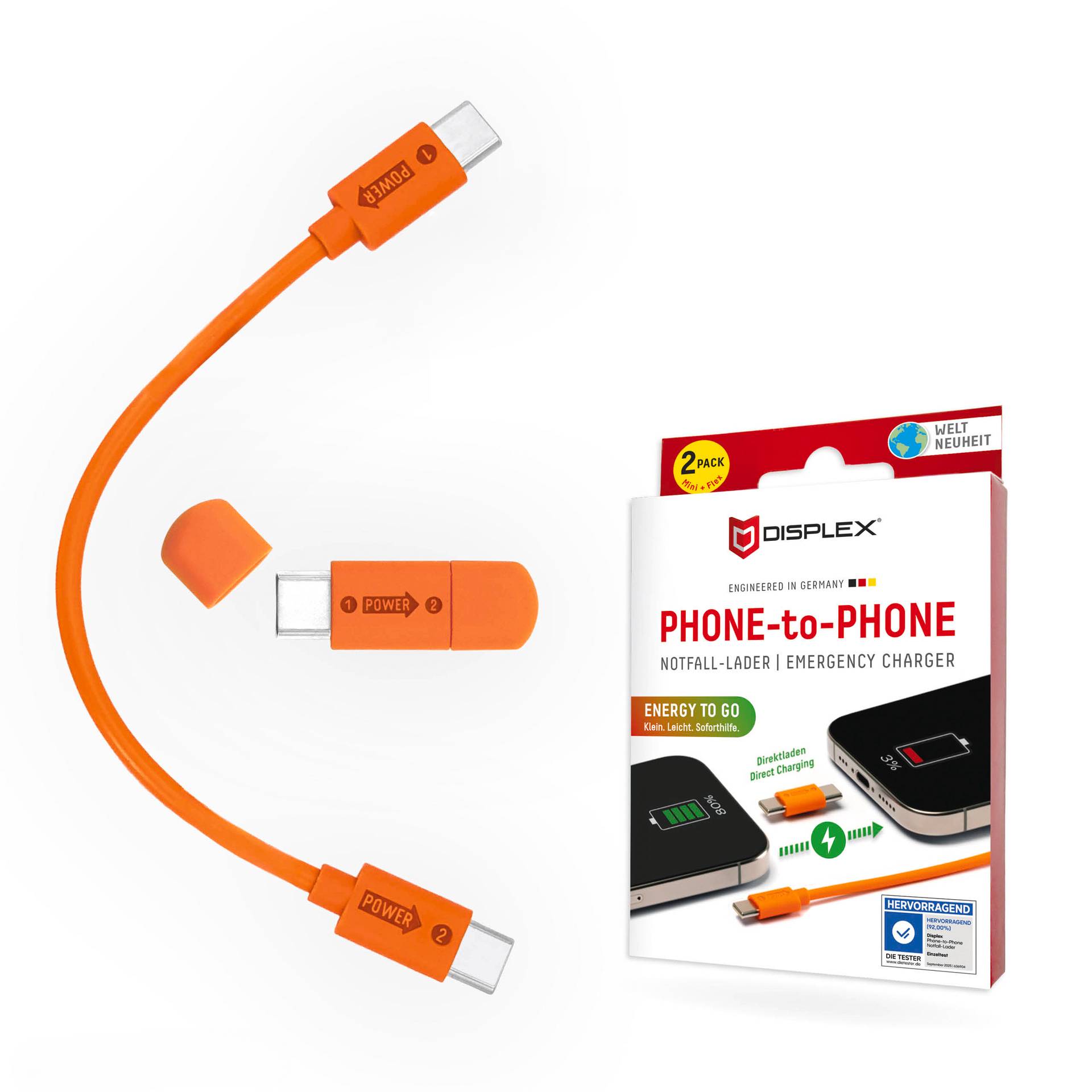 Orange USB-C charging cable with two adapter caps, shown beside packaging for 'PHONE-to-PHONE' emergency charger, 2-pack.<br>