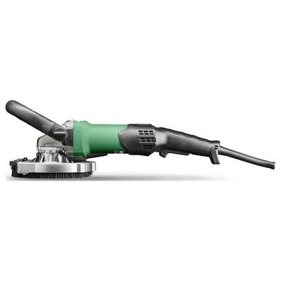 Angle grinder with a large circular blade, green and black body, shown on a white background with a power cord attached.
