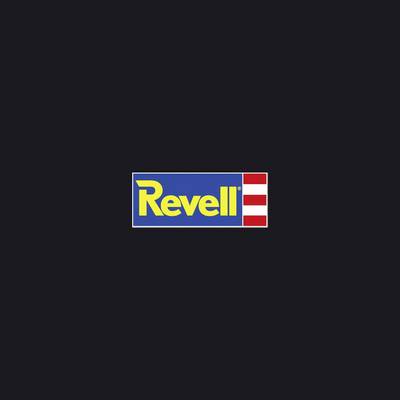 Revell logo in yellow on a blue rectangle with red-and-white stripes on the right, centered on a dark background.