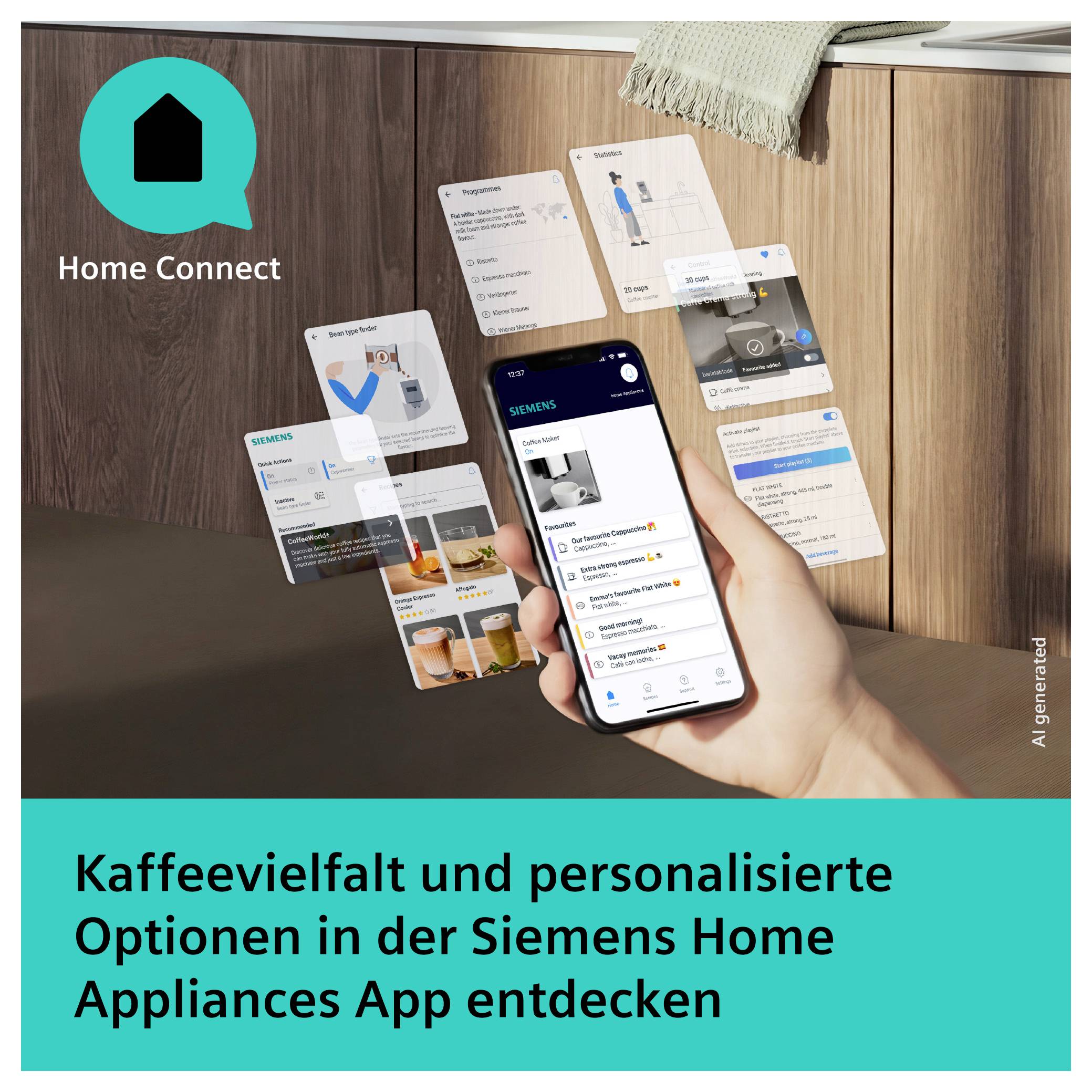 Advertisement for the Siemens Home Appliances App: Hand holds smartphone with 'Home Connect'; floating app cards display connected household appliances and coffee options.