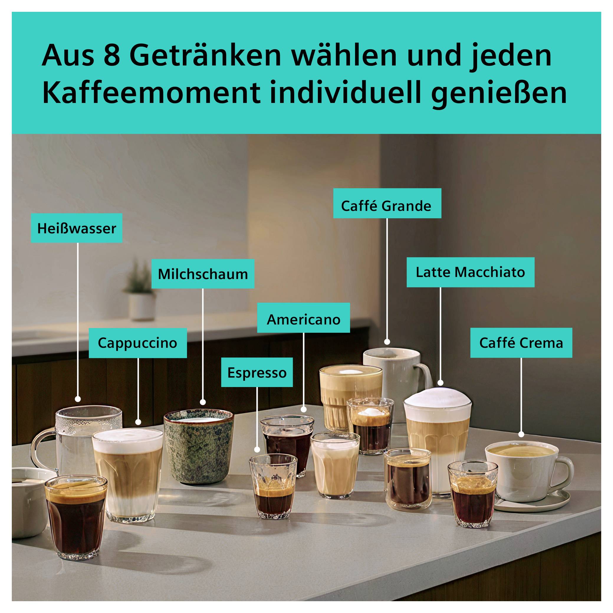 Advertising image featuring eight coffee beverages on a counter; at the top it reads: 'Choose from 8 drinks and enjoy every coffee moment individually'.