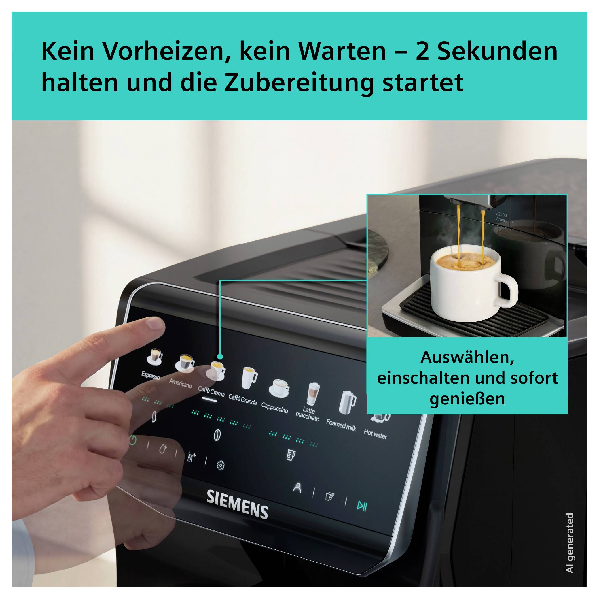 Advertisement for Siemens coffee machine: Finger taps on touch display that brews coffee in 2 seconds; overlay shows cup and text 'Select, switch on and enjoy instantly'.