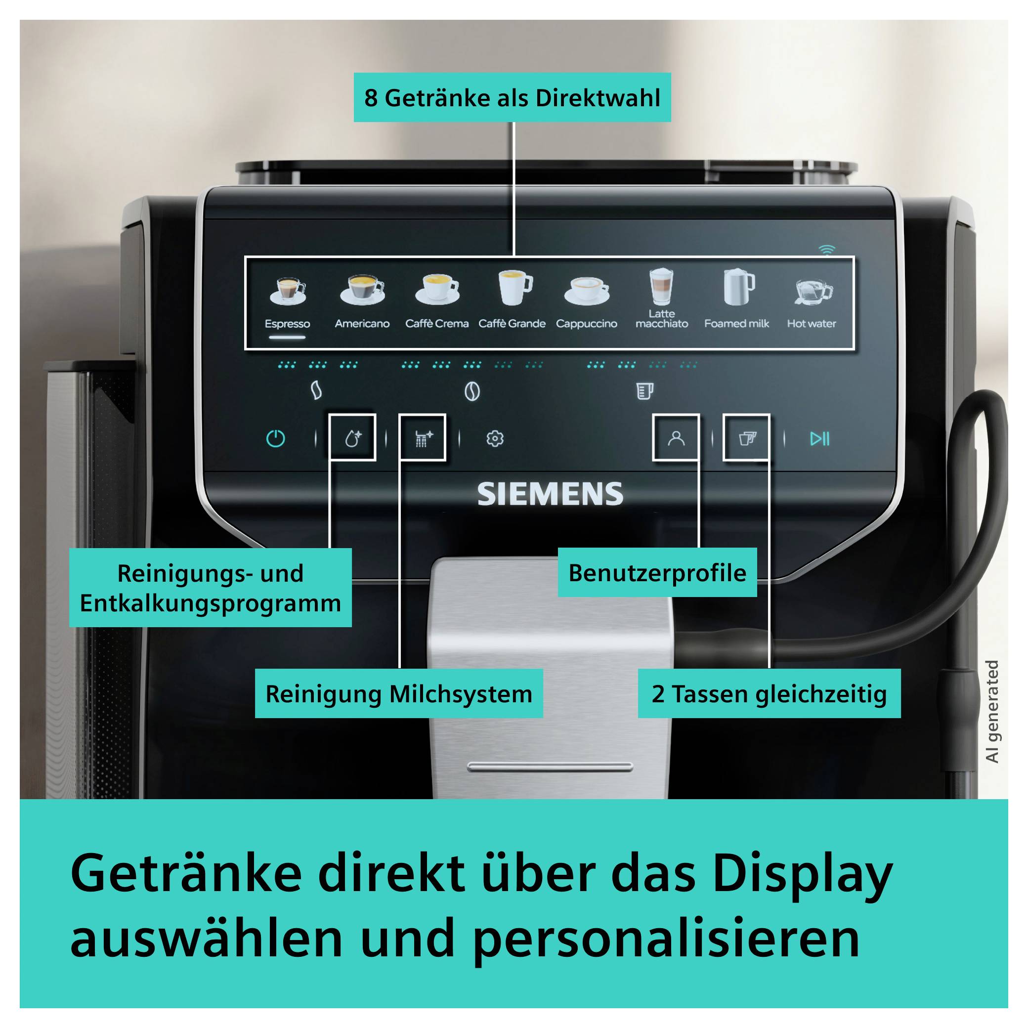 Siemens fully automatic coffee machine with display for drink selection, personalisation, cleaning and descaling programme, milk system cleaning and two cups simultaneously.