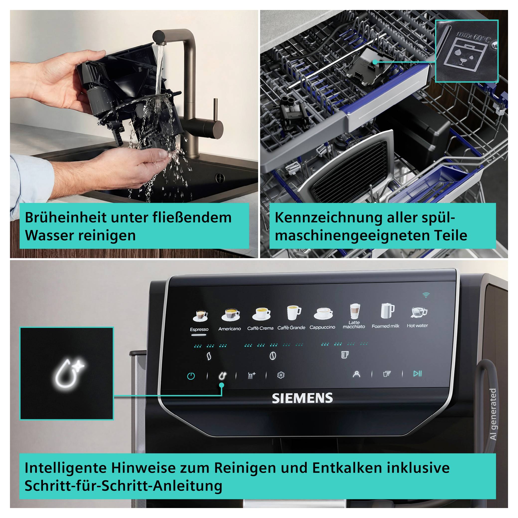 Siemens coffee machine with cleaning instructions: rinse the brewing group under water, mark dishwasher-safe parts and display descaling via step-by-step instructions.