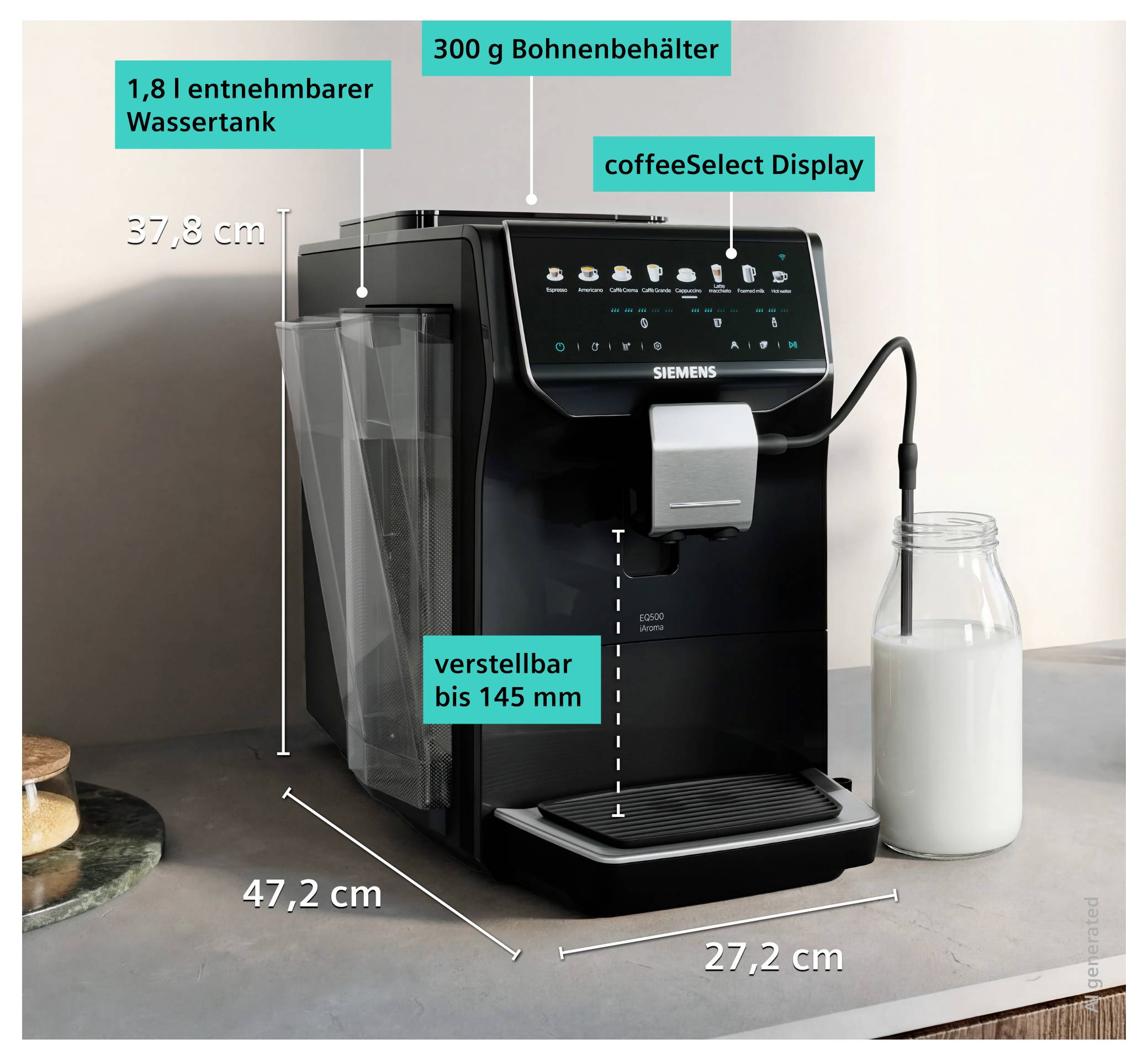 Labelled Siemens coffee machine with frosted glass and measurements: 37.8 cm high, 47.2 cm deep, 27.2 cm wide; 1.8 l water tank, 300 g bean hopper, adjustable spout up to 145 mm.
