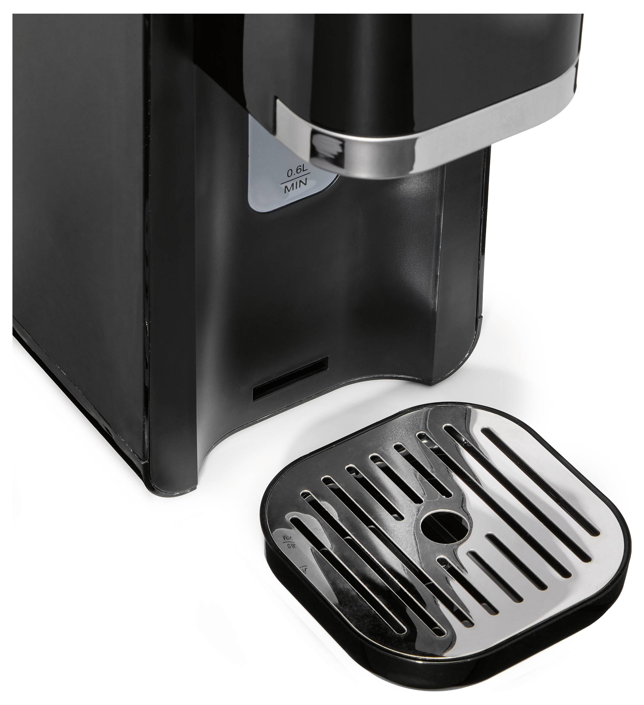 Close-up of a black coffee maker with a removable drip tray on a white background, showing the water level marked '0.6L MIN'.