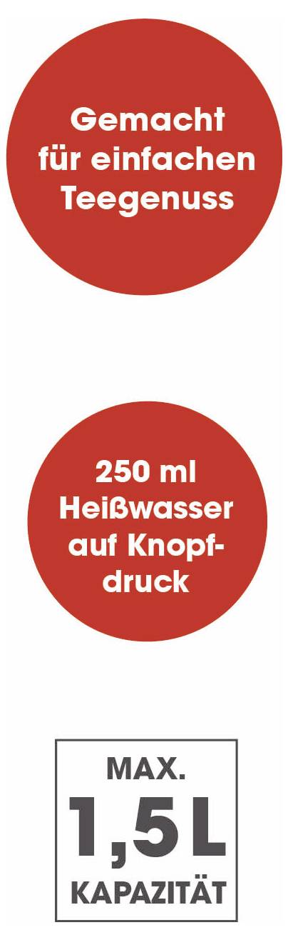 Three red circles with indications: "Made for easy tea enjoyment", "250 ml hot water at the press of a button" and "MAX. 1.5 L CAPACITY".