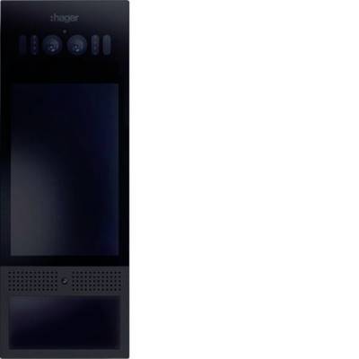 Black Hager wall intercom unit with camera, controls, speaker grille, and screen panel.