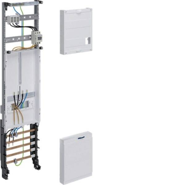 Electrical wiring cabinet assembly with open mounting frame and cable connections, shown with two separate white cover panels on a white background.