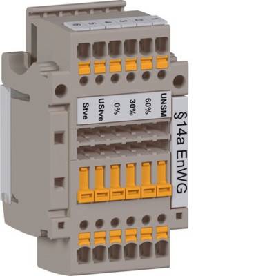 Gray industrial terminal block with orange lever connectors, labeled '$14a EnWG' and 'UNSM' with percentage markings, shown on white background.