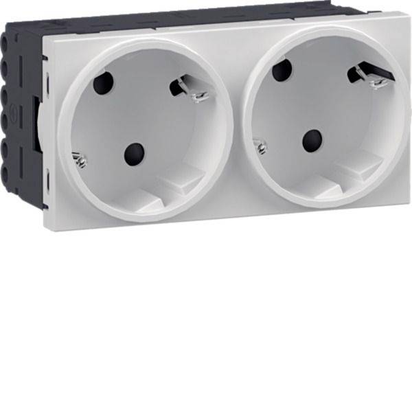 White double European-style electrical wall outlet on a black mounting base, shown in close-up against a white background.