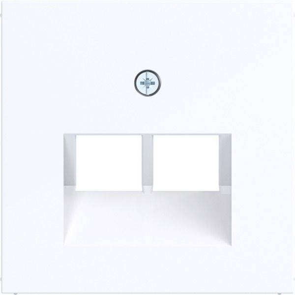 Minimal white wall-mounted unit with two square openings or shelves and a small circular emblem above it.