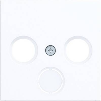 Minimal white faceplate with two circular side openings and a small center screw, like a wall outlet cover.