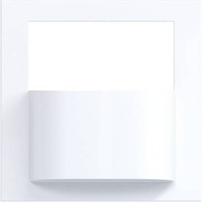 Minimalist white wall light with a curved rectangular shade mounted on a pale wall<br>