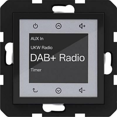 Wall-mounted DAB+ radio control panel showing menu options 'AUX In', 'UKW Radio', and 'Timer', with power and volume icons.<br>