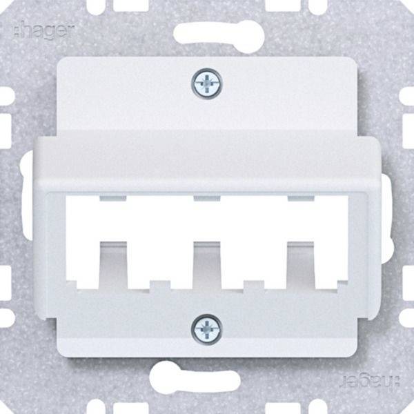 Close-up of a white Ethernet wall jack with three cable ports and two visible screws on a gray mounting plate.<br>