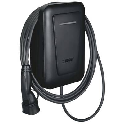 Black Hager electric vehicle charging unit with coiled cable and connector plug attached<br>