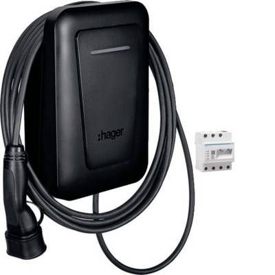 Portable electric vehicle charging cable with black Hager control box and attached plug, plus a small circuit breaker module.<br>