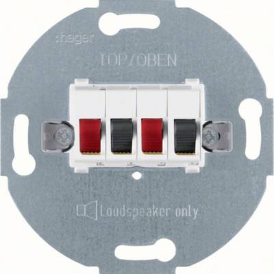 Wall-mounted loudspeaker terminal plate with four spring connectors, labeled '10P/OBEN' and 'Loudspeaker only'.<br>