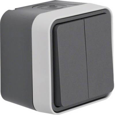 Gray double light switch on a square wall plate with rounded corners<br>