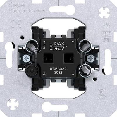 Close-up of a black electrical wall switch module mounted on a metal frame, labeled '10AX 250V' and 'WDE3032 3032'.<br>