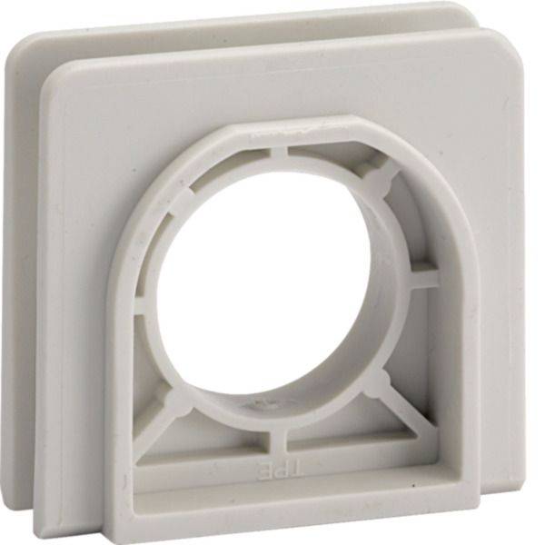 White square plastic mounting plate with a large circular center opening and raised outer frame, shown on a plain background.