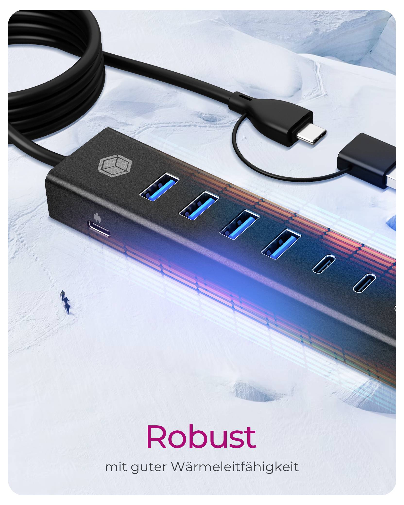 Product image of a rugged USB-C hub with four USB-A ports and two USB-C ports, shown with charging cable; text says 'Robust' and 'mit guter Wärmeleitfähigkeit'.