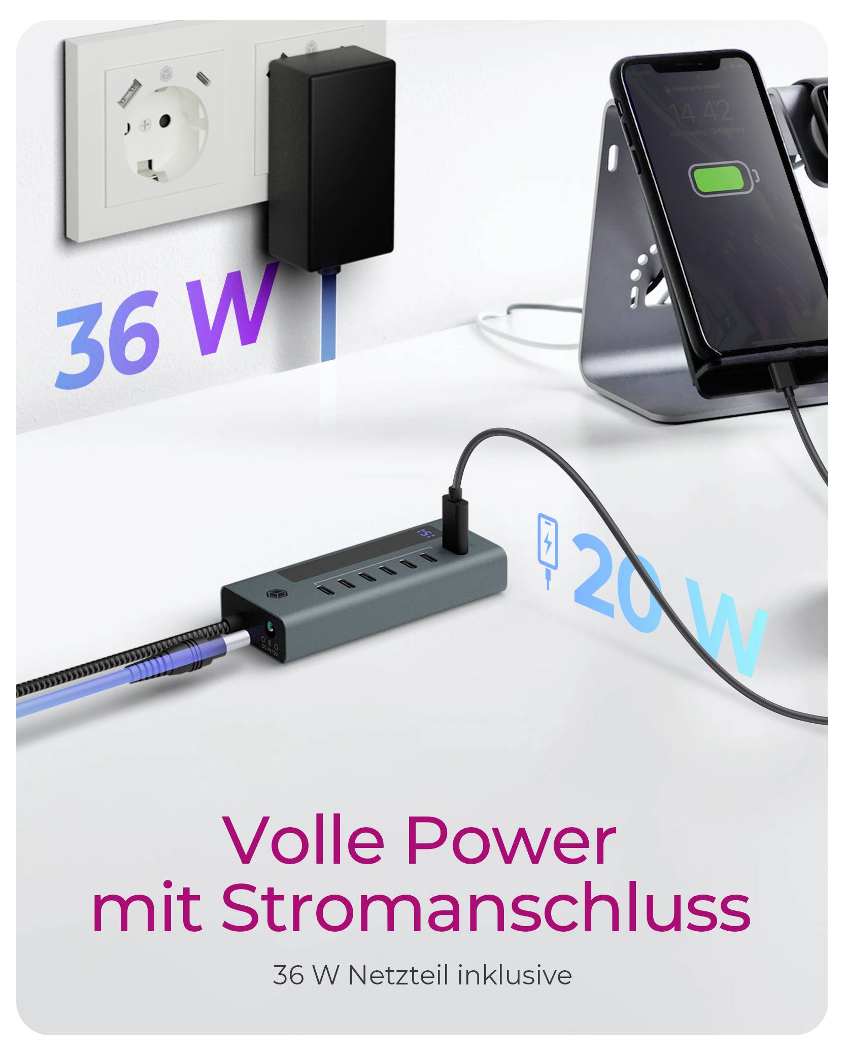 Promotional image of a power strip and phone charger, showing 36 W from the wall and 20 W charging; text says 'Volle Power mit Stromanschluss' and '36 W Netzteil inklusive'.