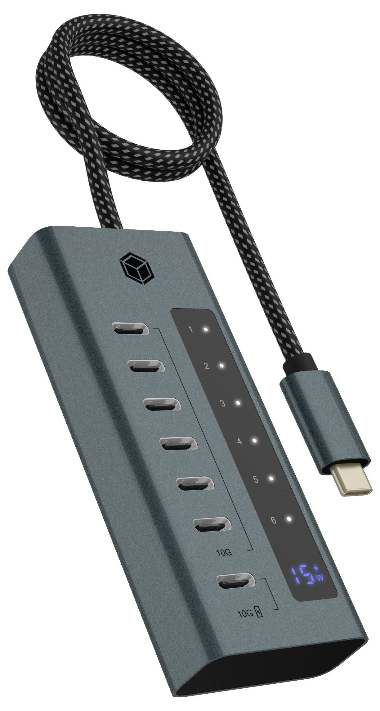 Portable 7-port USB-C hub with braided attached cable, showing USB 3.0 and HDMI ports, LED indicators, and a 4K display badge.