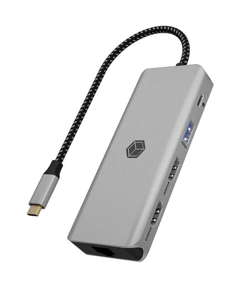 Silver USB-C hub with braided cable, featuring multiple ports including USB-A, HDMI, and Ethernet<br>