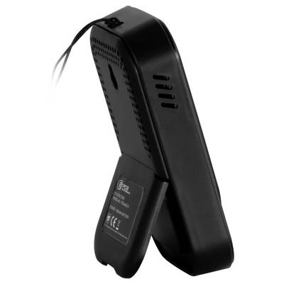 Black handheld electronic device with a wrist strap, shown in profile on a white background.